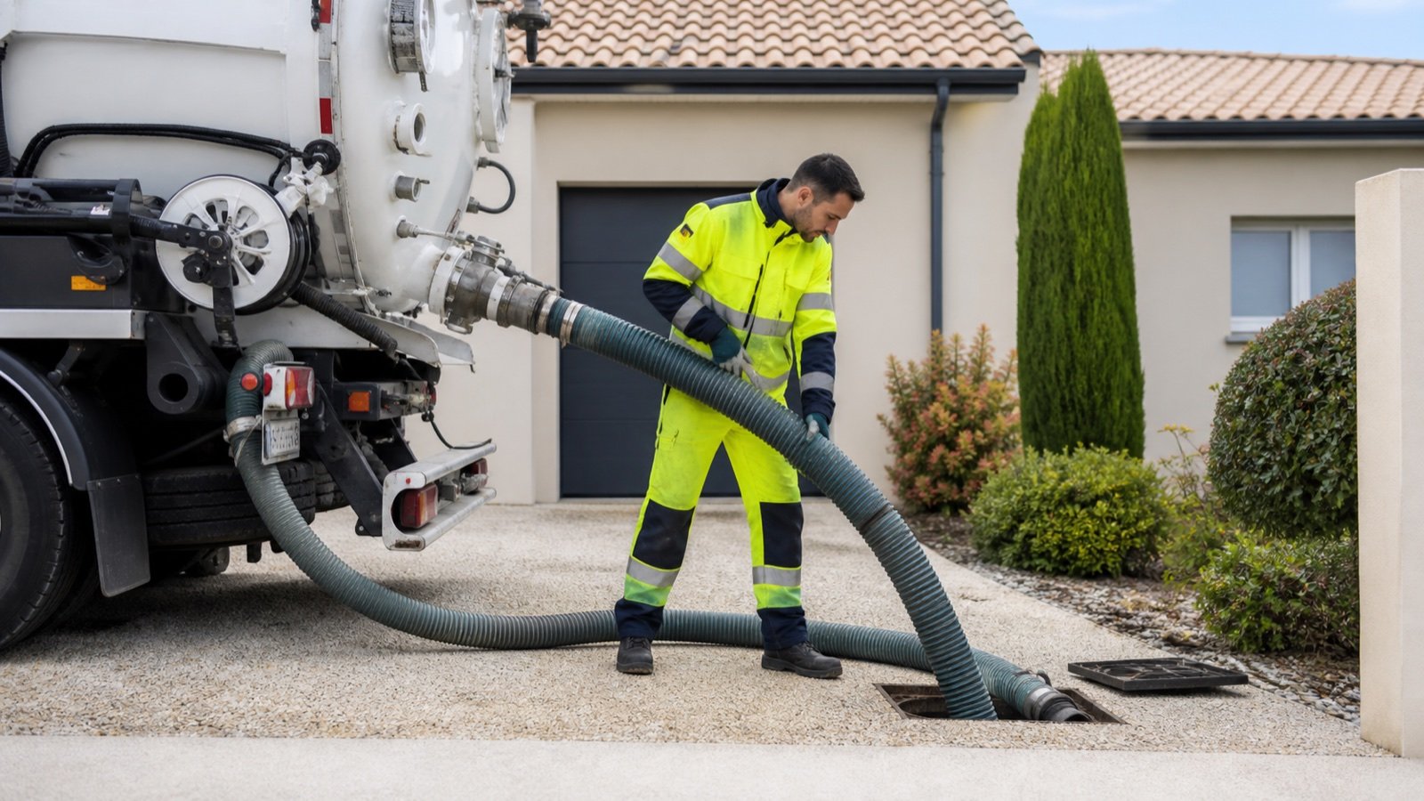 Technicien lors d’une intervention d’assainissement avec un camion hydrocureur